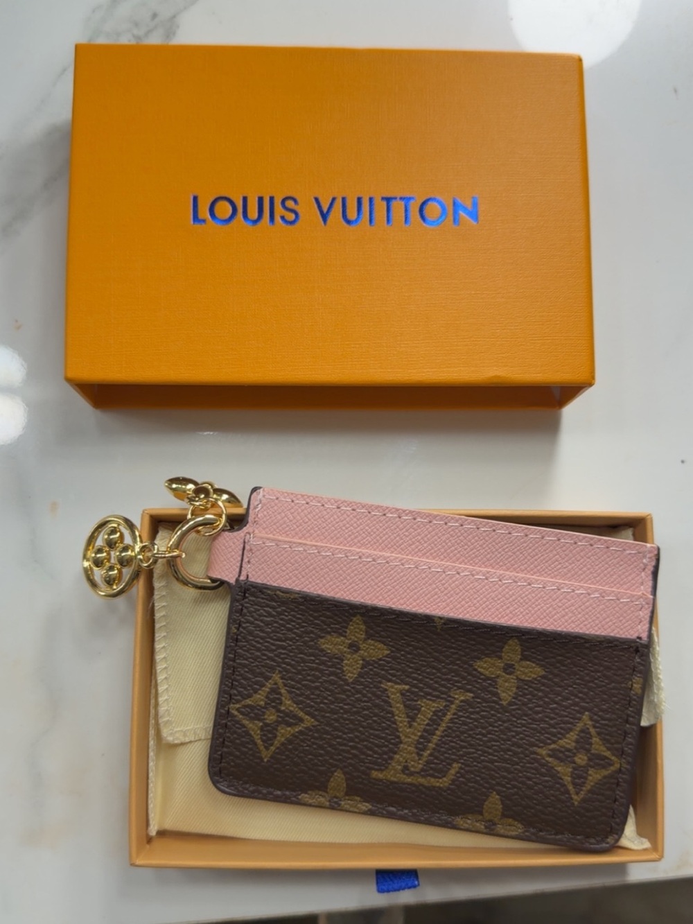 Louis Vuitton Brown Monogram Card Holder with Pink Trim and Gold Charm